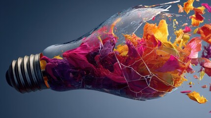 Colorful Explosion of Petals from a Broken Light Bulb Representing Creativity and Innovation in Modern Art