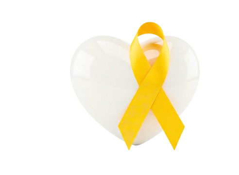 White heart symbol on yellow awareness ribbon isolated on transparent background