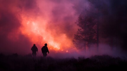 Fototapeta premium Silhouetted firefighters confront a large forest wildfire with intense flames and colorful smoke