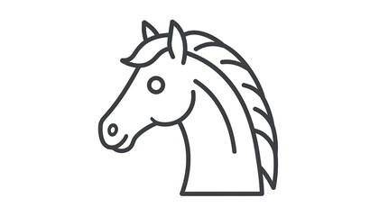 Minimalist grayscale horse head outline, showing mane and face details against a solid black background