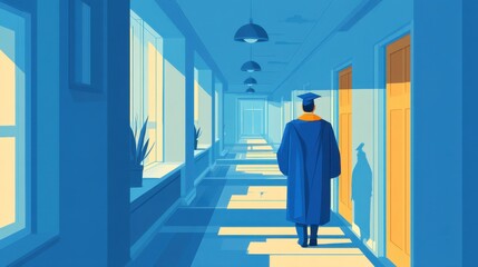 Graduation Ceremony with Graduate in Cap and Gown Walking Down Bright Hallway of Academic Institution
