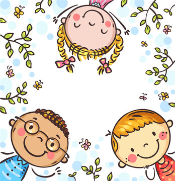 Square cover with happy diverse kids, cartoon frame with cute children faces