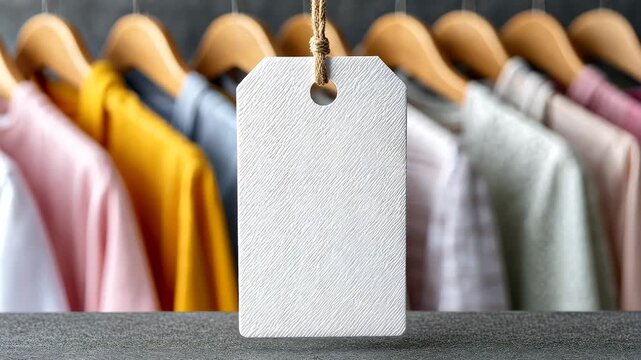 Creative pricing tags displayed in a boutique showcasing colorful shirts and a stylish shopping atmosphere