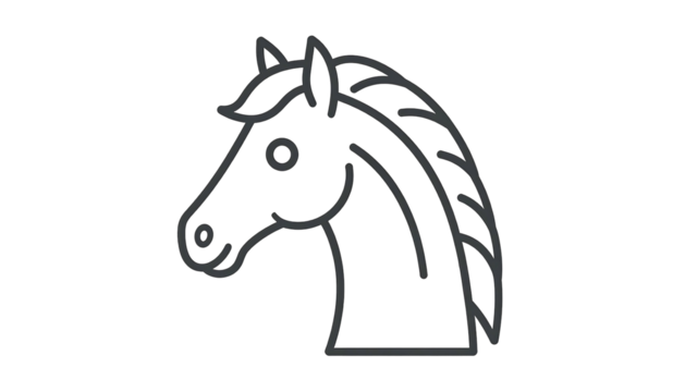 Minimalist grayscale horse head outline, showing mane and face details against a solid black background