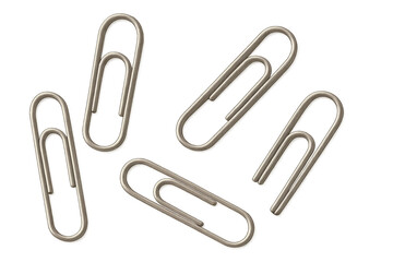 Metal paper clips scattered on transparent background, symbolizing organization, paperwork, and office supplies concept