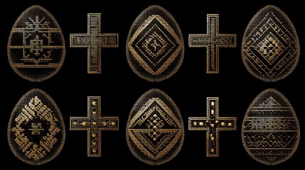 Decorative Eggs with Golden Patterns and Crosses on Black Background for Easter and Religious Celebrations