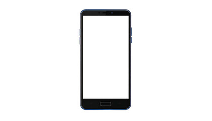 Mobile phone with white screen. Black frame & blue edges, centered isolated against a black background