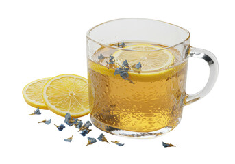 Isolated glass mug filled with tea and lemon slices floating, healthy beverage for winter