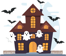 Haunted House with Cute Ghosts
Haunted house and ghosts under full moon, clean vector art