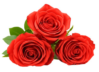 Fototapeta premium Three red roses with green leaves isolated on transparent background