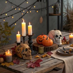 Fototapeta premium Autumn Harvest Table Setting With Skulls Pumpkins Candles Fall Foliage Centerpiece Elegant Table Decor Thanksgiving