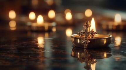 Lit candle with a cross in a church, creating a peaceful and spiritual atmosphere