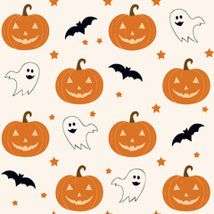 Halloween Seamless Pattern
Pattern of pumpkins, bats, ghosts, stars, flat pastel design