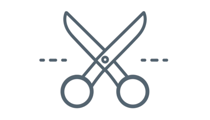 Grey outline scissors cutting dotted line on black background