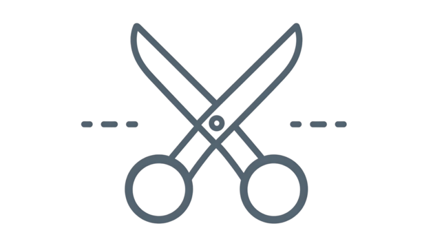 Grey outline scissors cutting dotted line on black background
