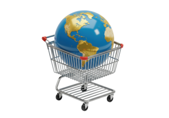 Isolated globe Earth model in a miniature shopping cart representing global commerce international trade and worldwide online shopping concept
