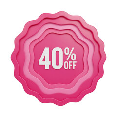 Glossy pink 40 percent off discount badge with layered effect for special offers transparent background