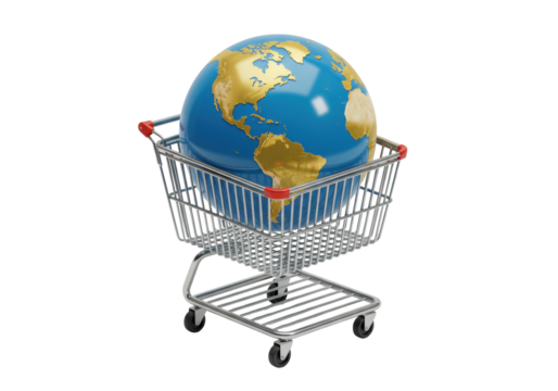 Isolated globe Earth model in a miniature shopping cart representing global commerce international trade and worldwide online shopping concept