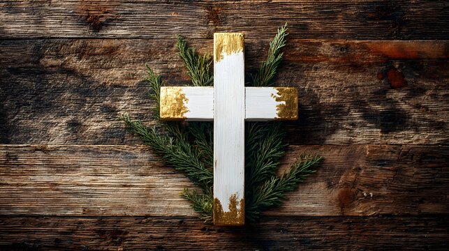 White and gold cross with evergreen on rustic wooden background