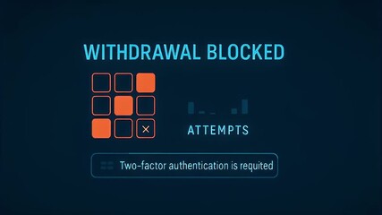 Withdrawal blocked notification showing authentication grid, security pattern keypad, two factor authentication attempt alert with login chart and required authentication prompt blue digital banking
