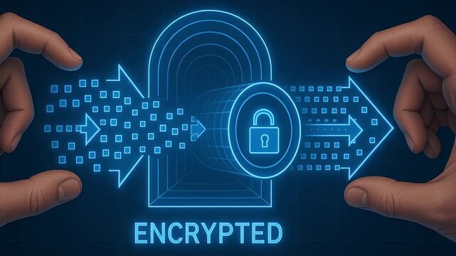 Encrypted data flow through secure digital tunnel with lock icon hands guiding binary packets neon blue cyber network privacy protection encryption security shield for protected transmission