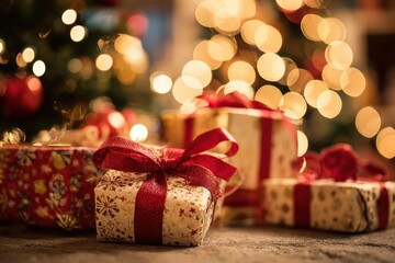 Festive christmas presents wrapped with red ribbon and bows sit under a beautifully decorated tree with warm glowing lights