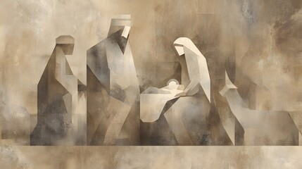Abstract Nativity Scene Depicting the Holy Family and the Three Wise Men
