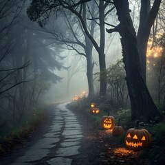 Enchanted Autumn Pathway Lit by Jack-o'-Lanterns: Eerie Halloween Night Scene with Foggy Forest and Glowing Pumpkins
