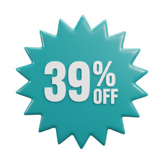 Glossy teal 39 percent off discount badge for promotional sales and marketing campaigns transparent background