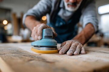 Senior carpenter sanding rough wood with an electric sander in a cozy workshop, focus on hands and tool, shallow depth of field highlighting manual craftsmanship and traditional woodworking