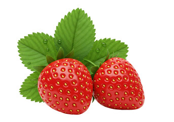 Isolated two fresh ripe red strawberries with vibrant green leaves and glistening water droplets healthy organic delicious sweet summer fruit