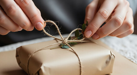 Close up on hands tying a natural twine bow on a brown paper package, enhanced with sprigs of greenery.