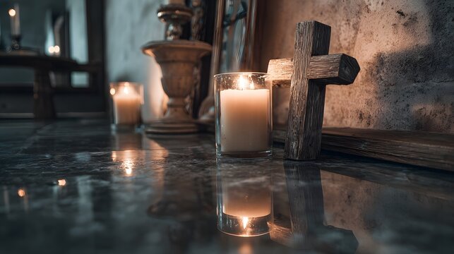 Candlelight illuminates a wooden cross and its reflection on a polished surface