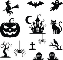 Fototapeta premium Spooky halloween icons silhouette collection for decorations and designs