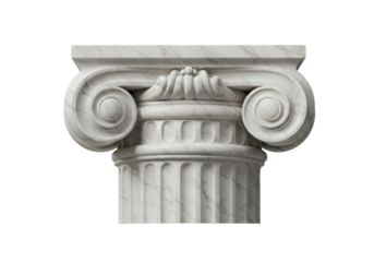 Isolated classical Ionic column capital made of white marble architectural element ancient Greek Roman style historical building detail ornate structure