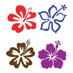 Four vibrant hibiscus flower illustrations in red blue brown and purple © wajuddin