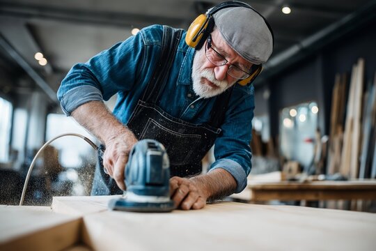 Senior carpenter sanding wood with electric sander in bright workshop, wearing protective gear, focused on precision and craftsmanship
