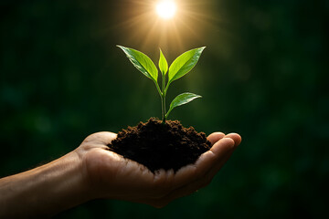 Fototapeta premium Nurturing new growth: A young plant sprouts from soil held in a caring hand.