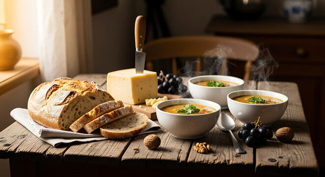 Rustic spread: crusty bread, cheese, soup, and grapes grace a weathered wooden table, creating a cozy culinary scene.