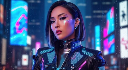 A cyberpunk woman in a futuristic cityscape with neon lights.