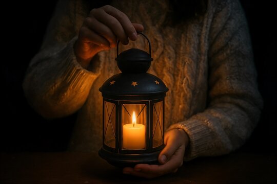 Cozy winter scene with person holding black lantern and glowing candle, warm golden light and dark background creating peaceful atmosphere.