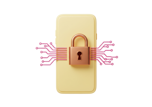 Smartphone security concept with padlock and circuit board isolated on transparent background PNG Mobile phone data protection