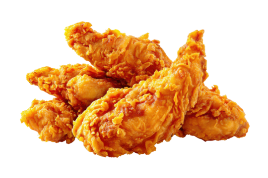 Crispy golden brown fried chicken tenders piled against a black background image, Isolated On Transparent Background, Png Cut Out