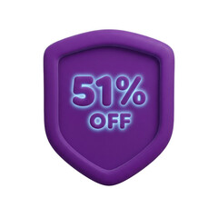 Promotional 3d purple shield badge featuring 51 percent off sale graphic transparent background