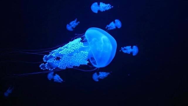 Bioluminescent jellyfish float in dark water. One is large, with many tentacles and a lumpy structure; others smaller