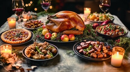 Fototapeta premium Vintage Family-Style Thanksgiving Feast with Roast Turkey and Assorted Dishes