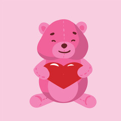 Cute pink bear holding love heart. Adorable animal and valentines day concept design. Vector art illustration.