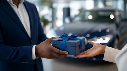 A businessman receiving a car wrapped in ribbon in a dealership showroom, highlighting professional rewards, success milestones, and the luxury gift-giving experience. cinematic color correction,