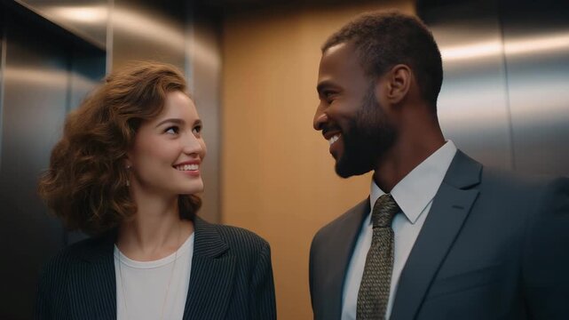 A friendly exchange between two coworkers inside an elevator, representing office culture, communication, and the small moments that build teamwork and trust. cinematic color correction, gentle
