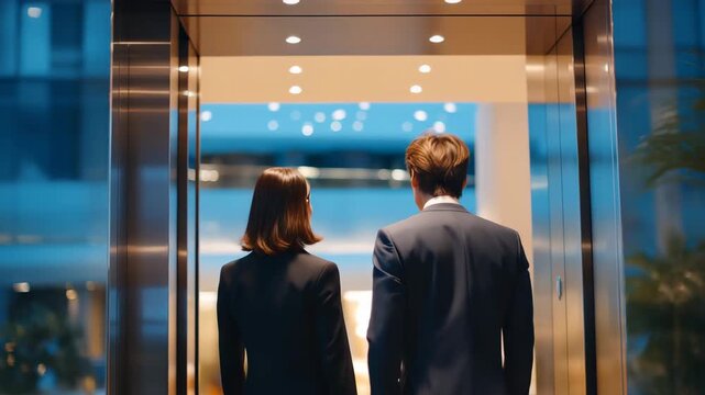 A mirror reflection view of people inside a luxury elevator, emphasizing modern design, architecture, professionalism, and the aesthetics of contemporary corporate spaces. cinematic color